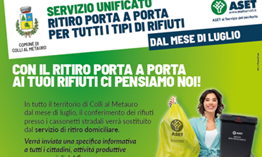 Colli al Metauro, al via da luglio il ritiro porta a porta di tutti i rifiuti. Da maggio disponibili i nuovi contenitori. Già in corso una campagna informativa per i cittadini