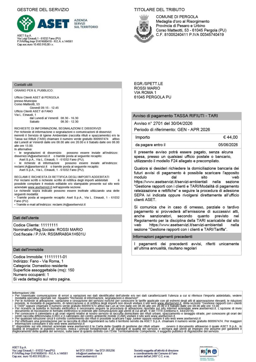 Illustrazione della bolletta con aree di interesse evidenziate