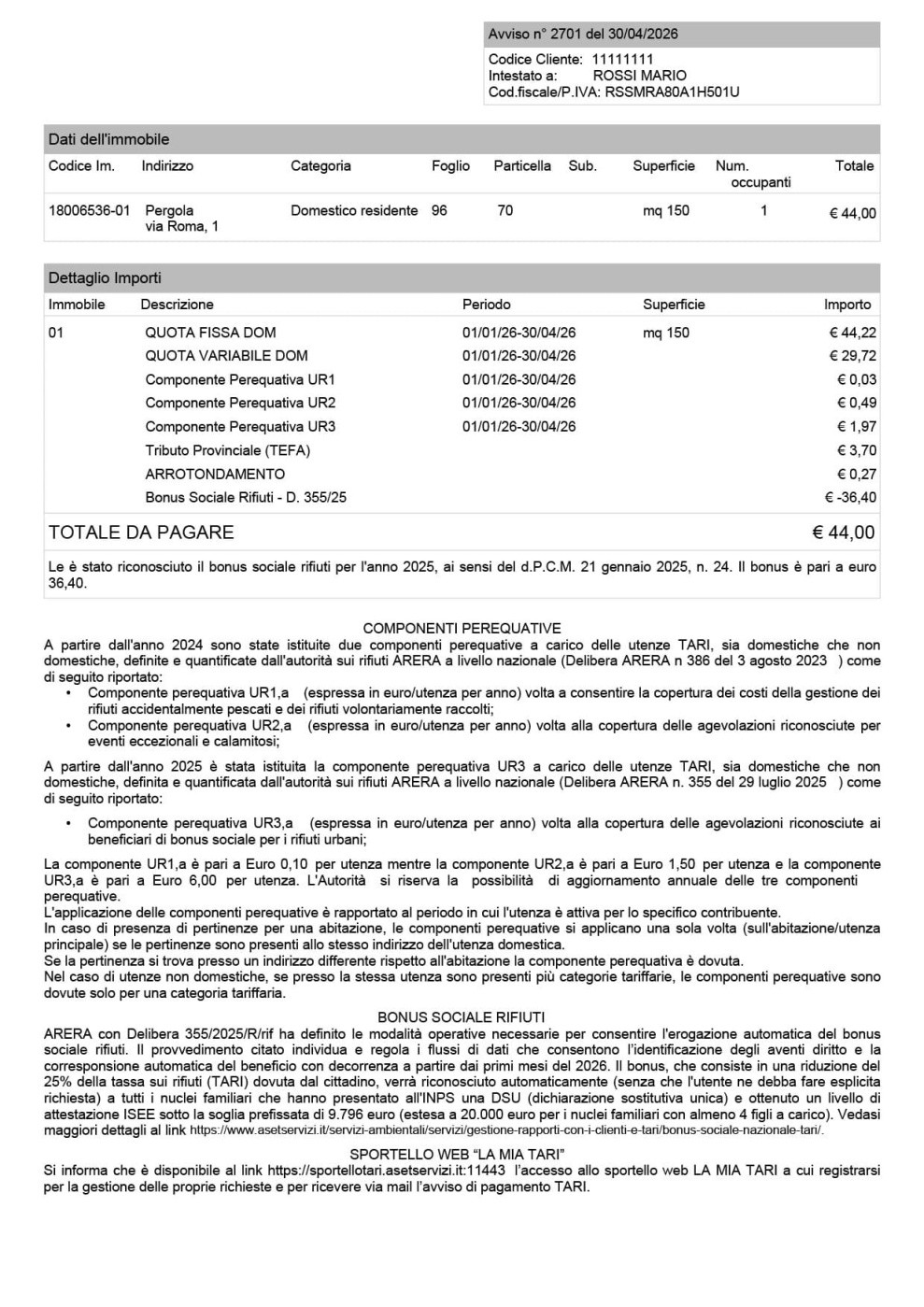 Illustrazione della bolletta con aree di interesse evidenziate